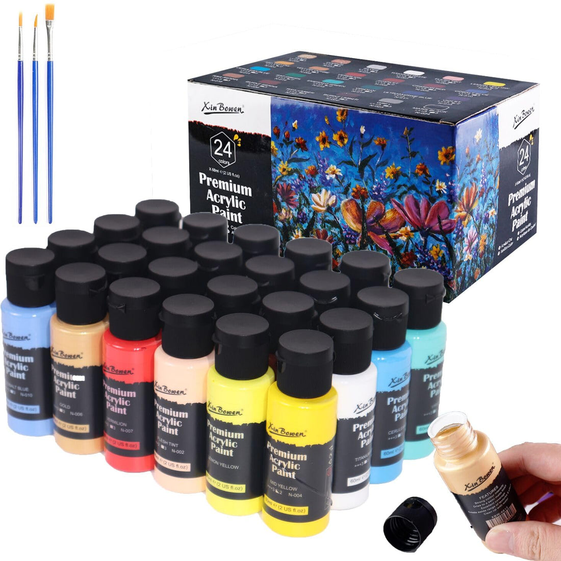 Acrylic Paint Set for Painting, 20 Vibrant Acrylic Colors 60ml for Canvas, Wood, Fabric, Leather, Cardboard, Paper and Crafts