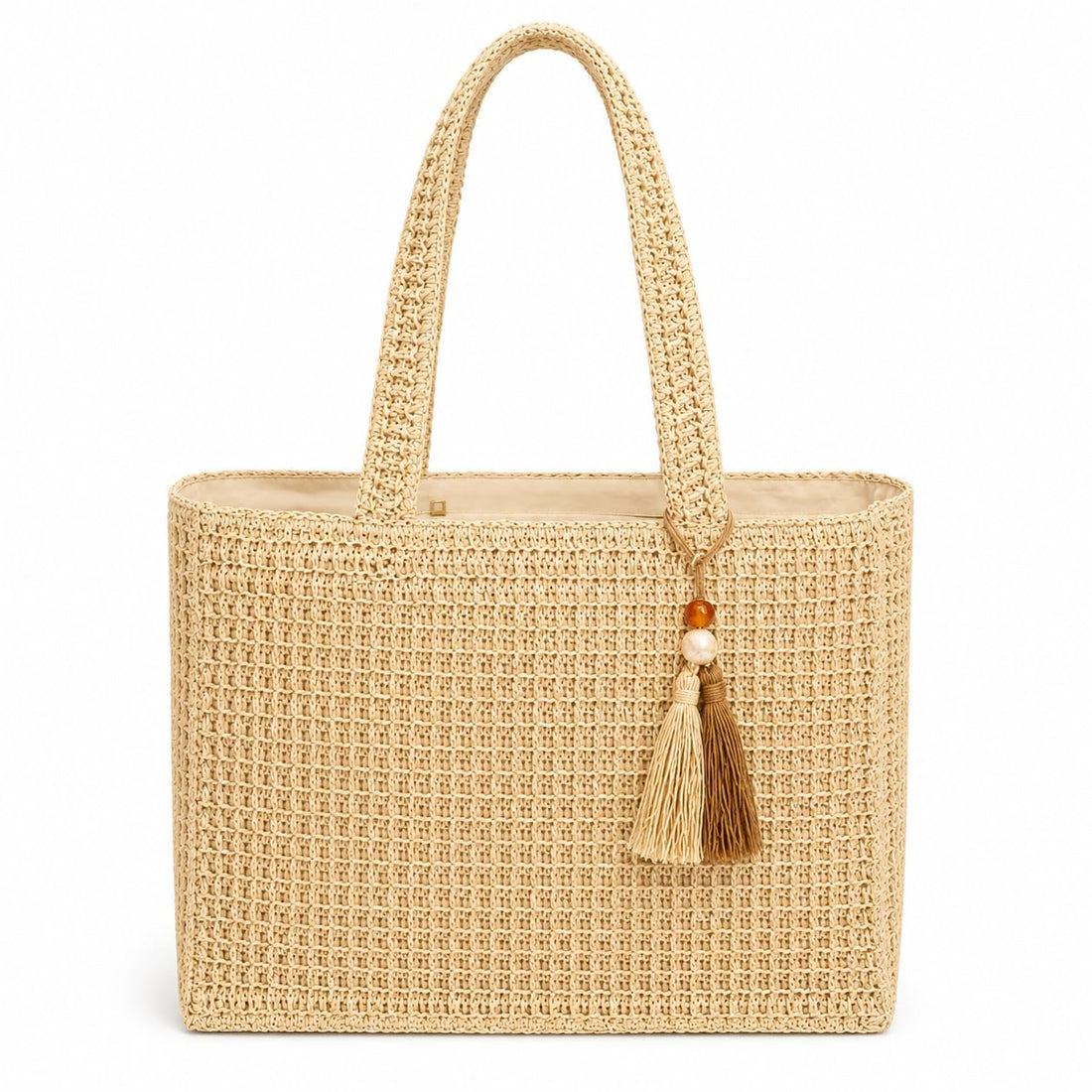 Woven Straw Tote Bag, Crochet Raffia, Tassel Charm Detail, Beach Shoulder Handbag