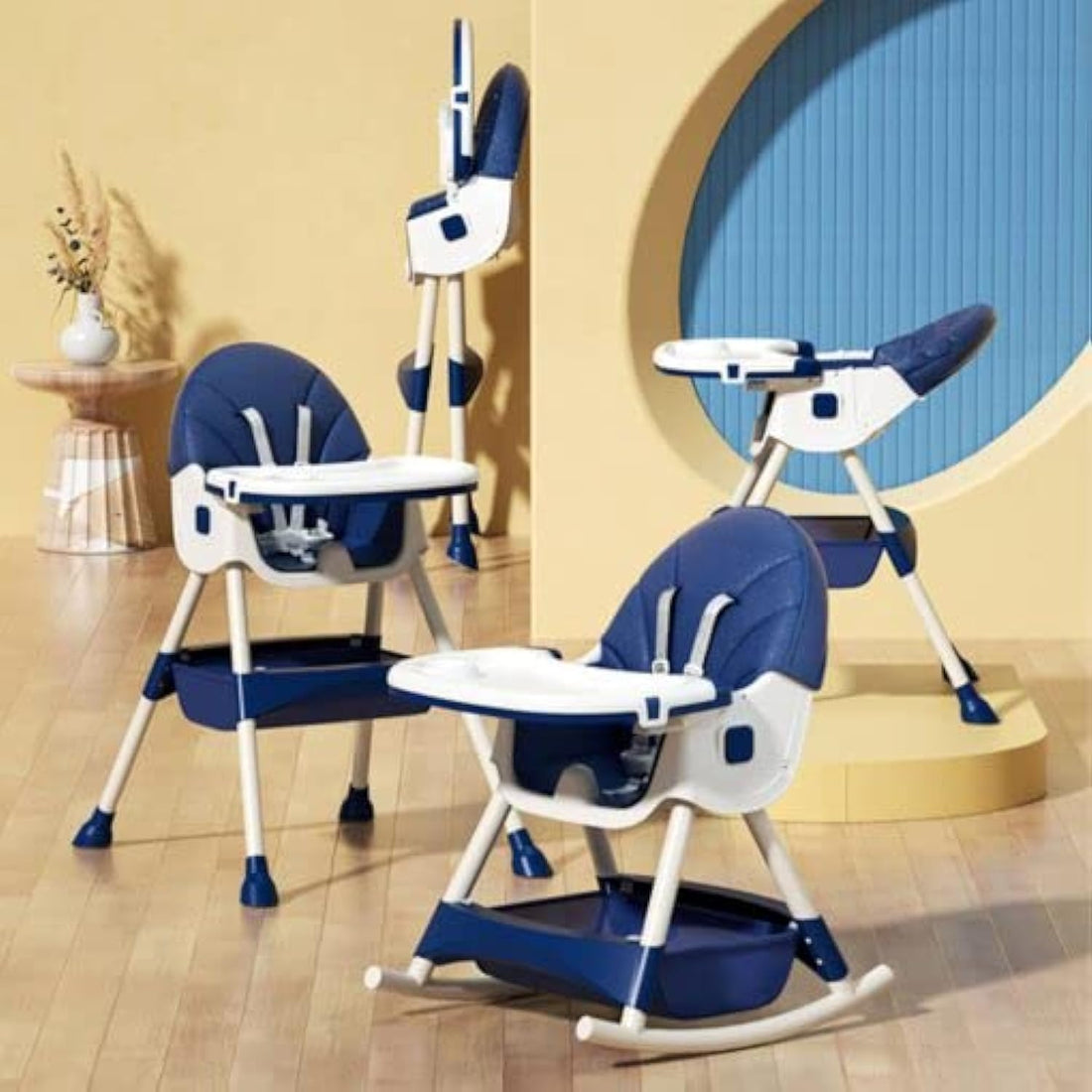 StarAndDaisy Upgrated Portable Rocking High Chair with Comfortable Seat, Five Point Safety Belt, Detachable Food Tray & Wheels, Height and Seat Adjustable (Royal Navy Blue)
