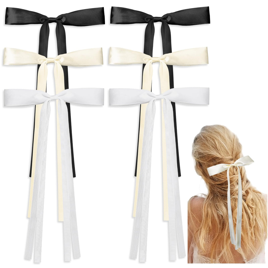 Hariendny 6 Pcs Hair Ribbons for Women Hair Bows Hair Ribbon Bow Clips With Long Tail Tassel Ribbon Bowknot Clips for Women Girls(Black&Beige&White)