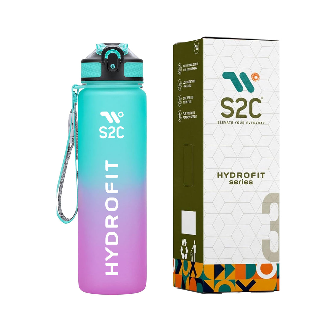 S2C Motivational Large 1L Tritan Plastic Water Bottle With Time Markers, Leak Proof Kids School Bottle (GREEN&PINK)