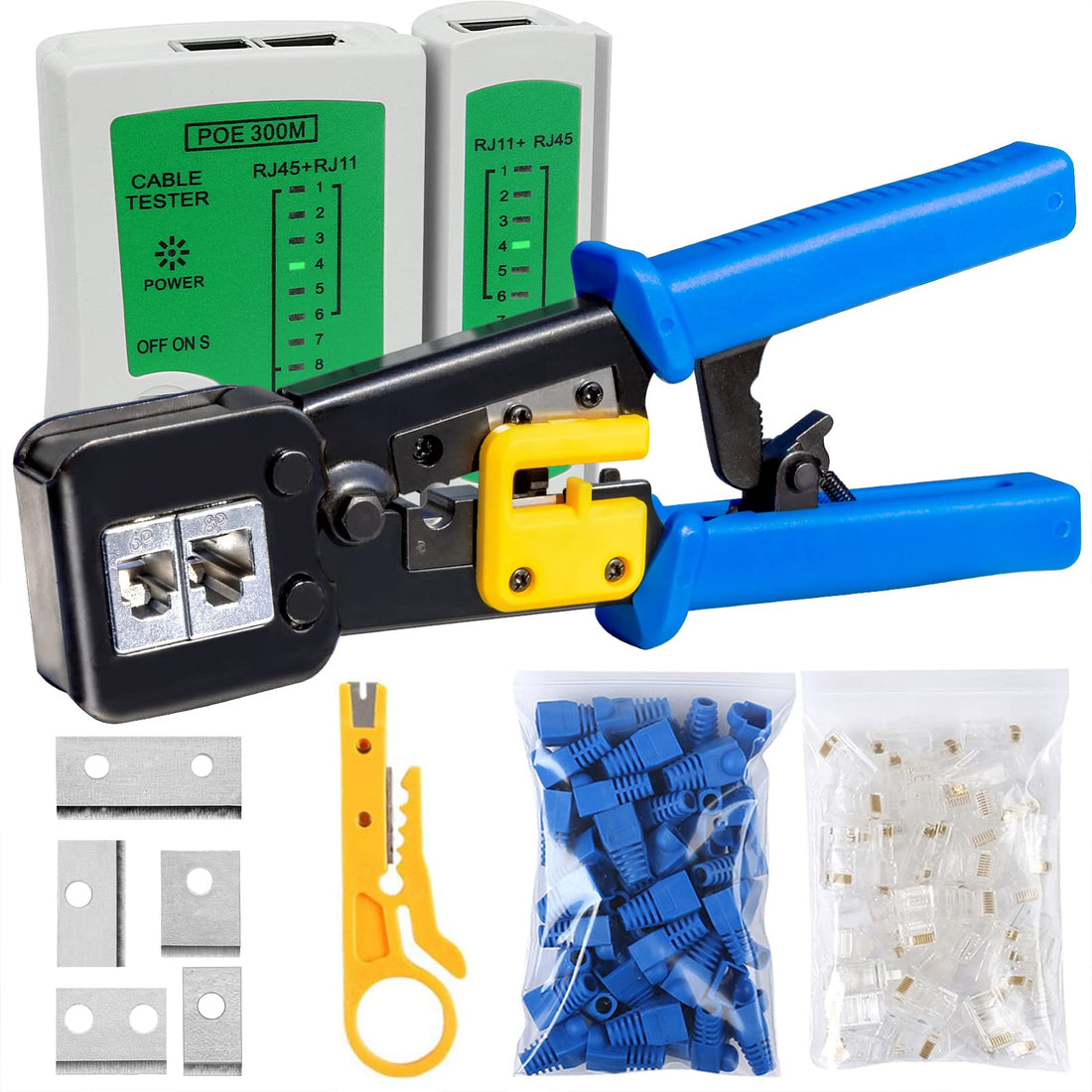 Solsop RJ45 Crimp Tool Kit Pass-Through Cat5 Cat5e Cat6 Crimping Tool for RJ45/RJ12 Regular & End-Pass-Through Connectors w/Network Cable Tester, Pass Through Cat6 Modular Plug, 50PCS Boots, Black
