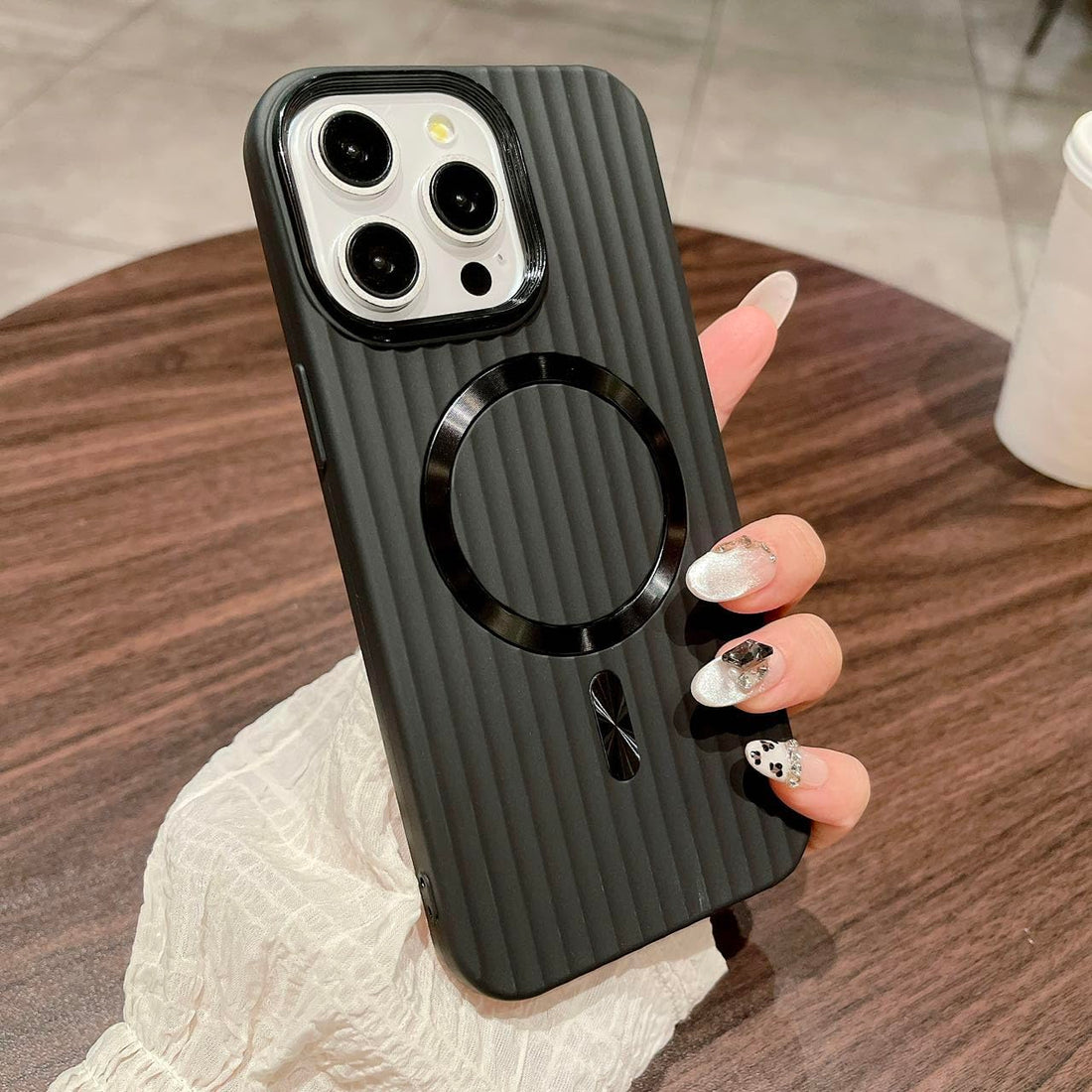 Eco Plating Matte Style Corrugated Stripe Luggage Case for iPhone Cover 11 12 13 14 15 16 16e Pro Max Wireless Charging Magnetic Luxury Case Wave Design (Black, iPhone 11)