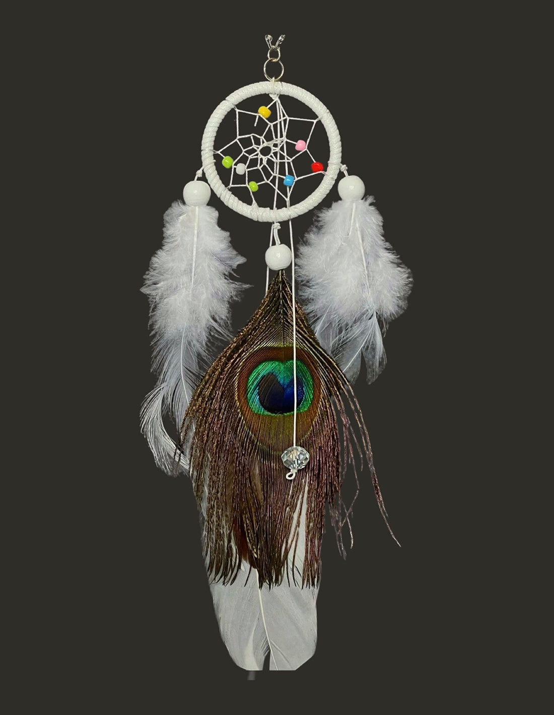 Dream Catcher with Peacock Feather Mirror Accessory (White)