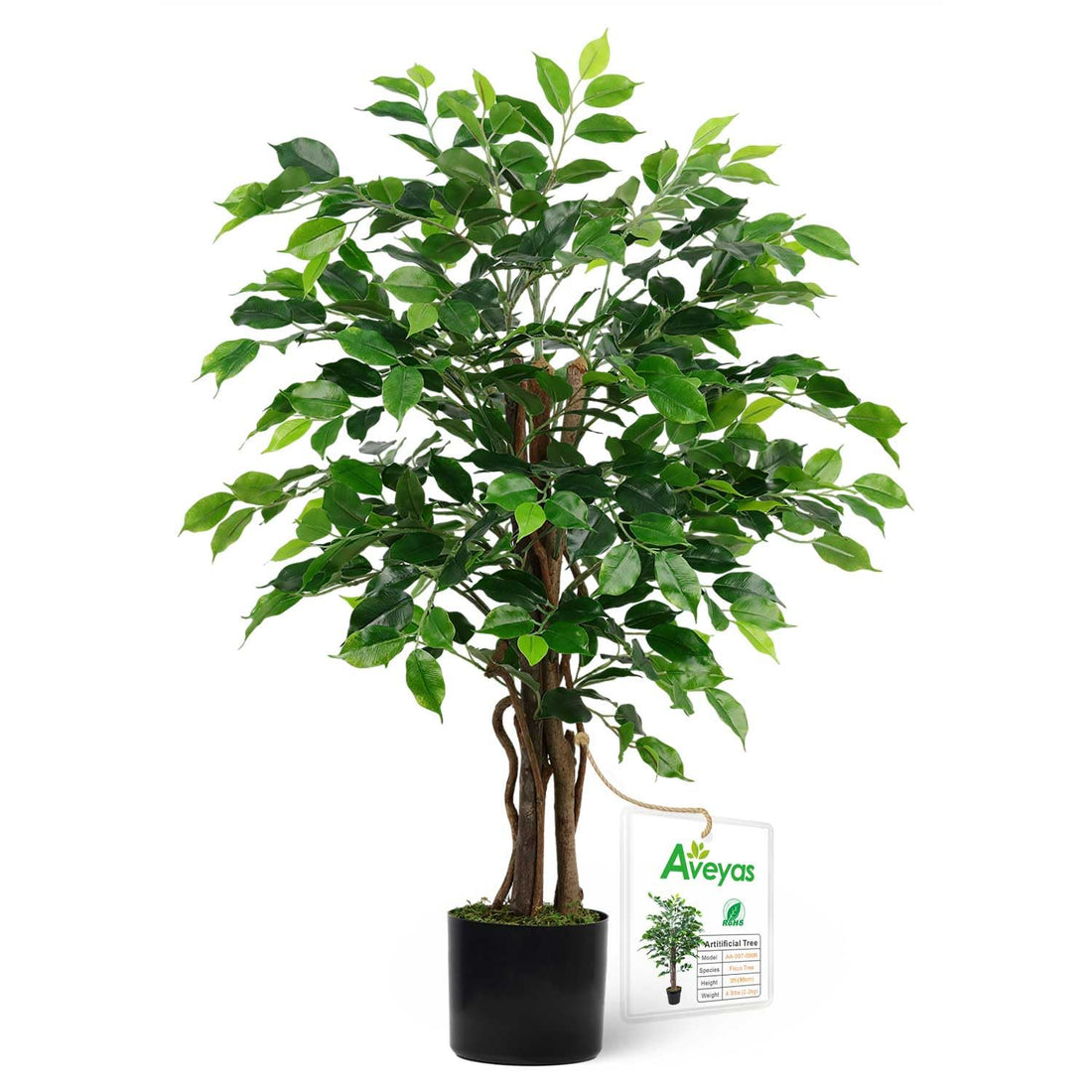 Aveyas 3ft Artificial Ficus Silk Tree in Plastic Nursery Pot, Fake Plant for Office House Farmhouse Living Room Home Decor (Indoor/Outdoor)