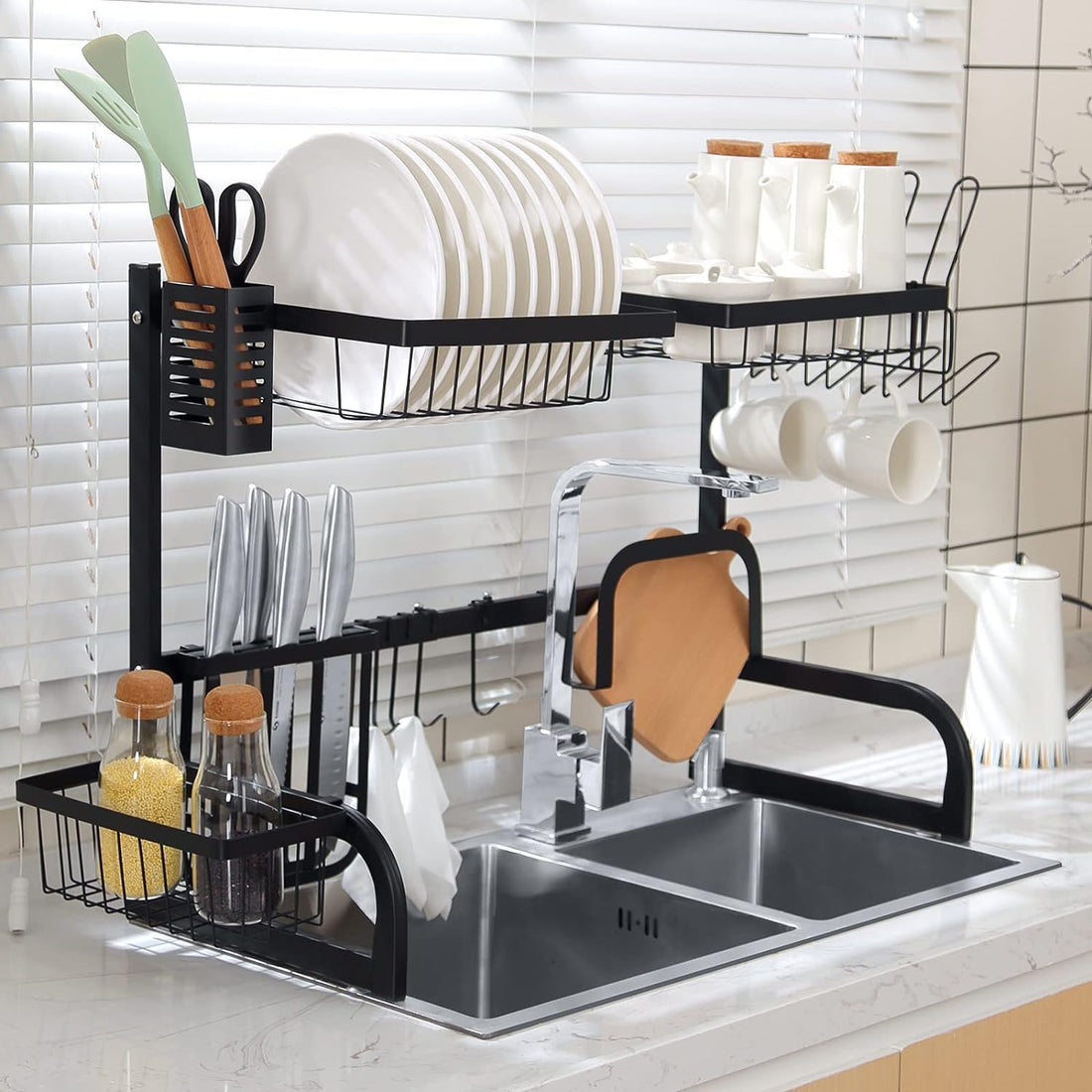 MUIFA Over the Sink Dish Drying Rack, 304 Stainless Steel 2-Tier Dish RackLength (33.4-41.3'') Adjustable length with Utensil Holder,Cutting Board Holder & Dish Drainer for Kitchen Counter, Black