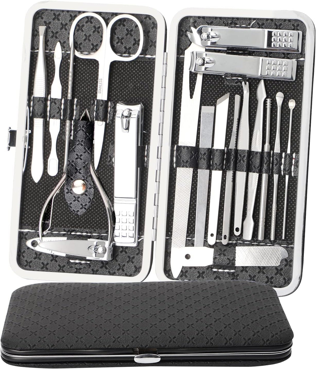 19 Pcs Professional Manicure Pedicure Set, Stainless Steel Eyebrow Nail Care Tools with Luxury Leather Travel Case