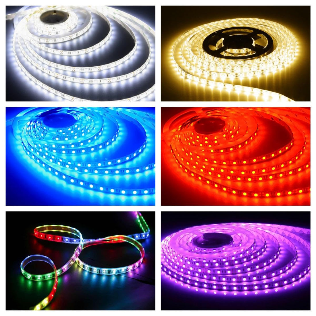 مجموعة إضاءة ليد تتكون من 6 قطع شريط اضاءة LED مقاوم للماء مع فيشة كهربائية لكل قطعة و بطول واحد متر و تشمل ألوان إضاءة وورم و أزرق و أحمر و أبيض وبنفسجى و متعدد أر جي بى بزرار تحكم للإضاءة