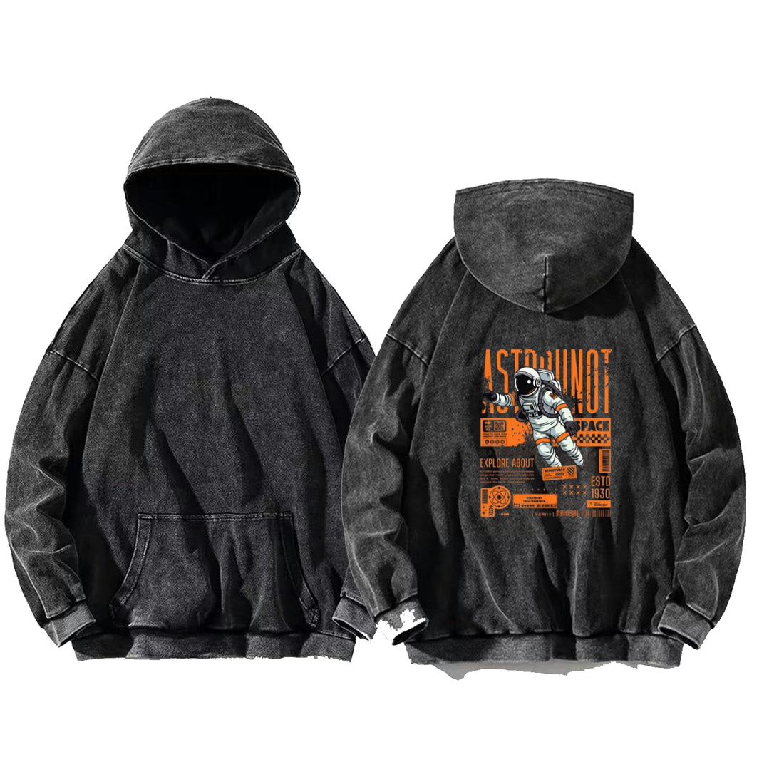 acid wash gray oversize Youth hoodie back art over size TEXT job work 28 astronaut