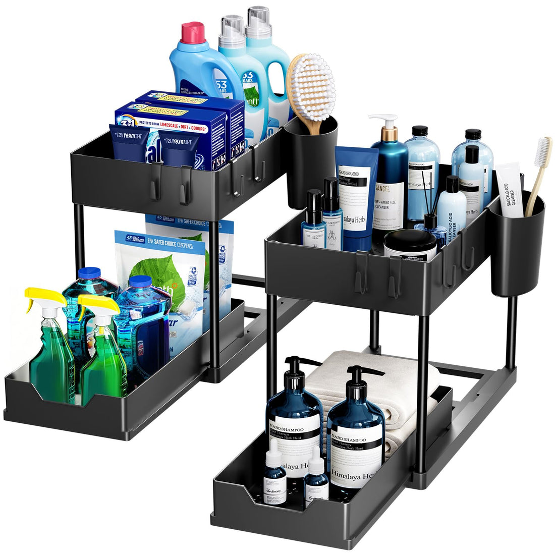 Puricon 2 Pack Under Sink Organizers and Storage Pull Out Sliding Drawer, 2 Tier Multi-purpose Kitchen Under the Sink Organizer Under Bathroom Sink Shelf Storage Rack for Countertop Laundry -Black