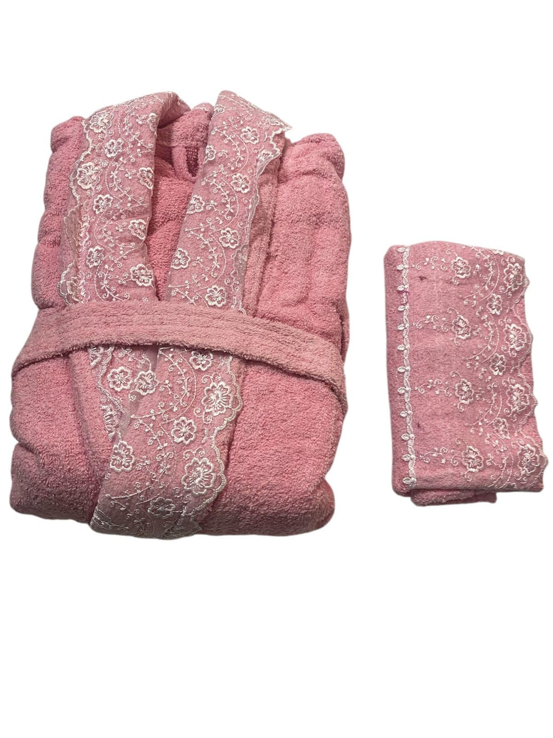 Luxury Floral Embroidery Bathrobe, Pink, Soft Cotton with Hand Towel, Elegant Design_