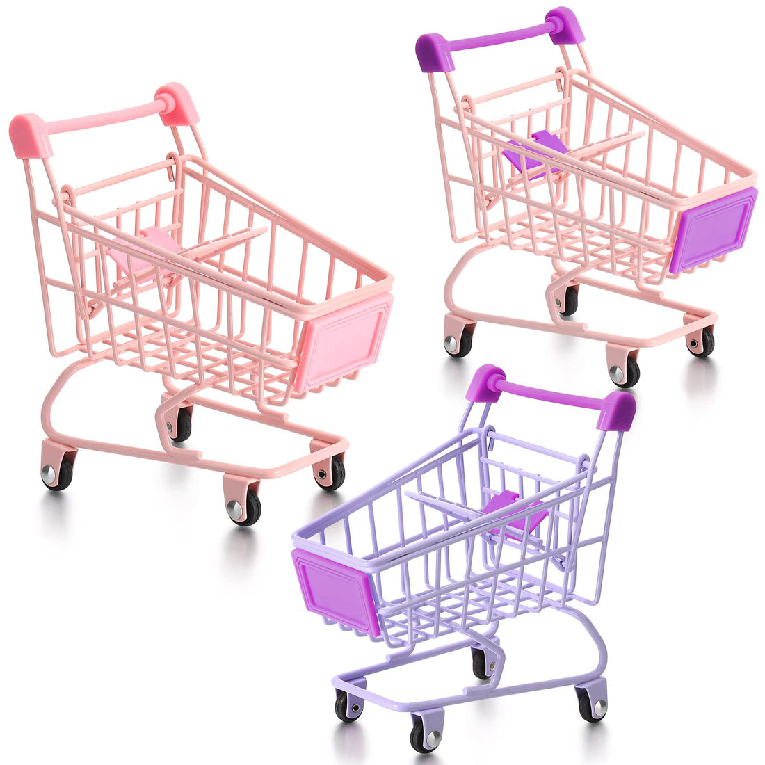 Hotop 3 Pieces Small Shopping Cart Mini Supermarket Cart Handcart Shopping Utility Cart Kids Metal Shopping Cart Mode Storage Toy Shopping Carts (Pink, Purple Combine) (Candy Style)