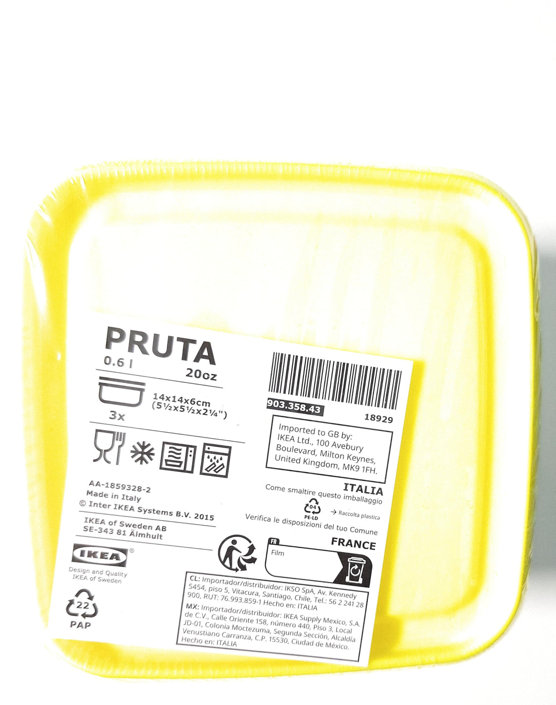Ikea PRUTA Food Storage Containers with Lids, Transparent/Yellow, 0.6 Litres, 14x14x6 Centimetres, Microwave/Freezer/Dishwasher Safe - Set of 3