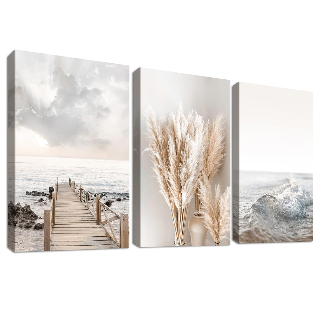 3 Pcs Wooden Framed Canvas Wall Art Coastal Beach Ocean Landscape Canvas Prints Nordic Beige Pampas Grass Pictures for Living Room Bedroom Kitchen Hallway Stairs Wall Decor 90x40cm(12"x16"x3pcs)