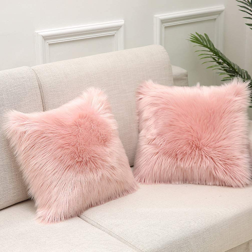 Genrics Pink Fluffy Soft Faux Fur Cushion Covers Pack of 2 18'' x 18'', Luxurious Home Decorative Super Soft Plush Pillow covers Case 40 x 40 cm for Sofa Bed Car