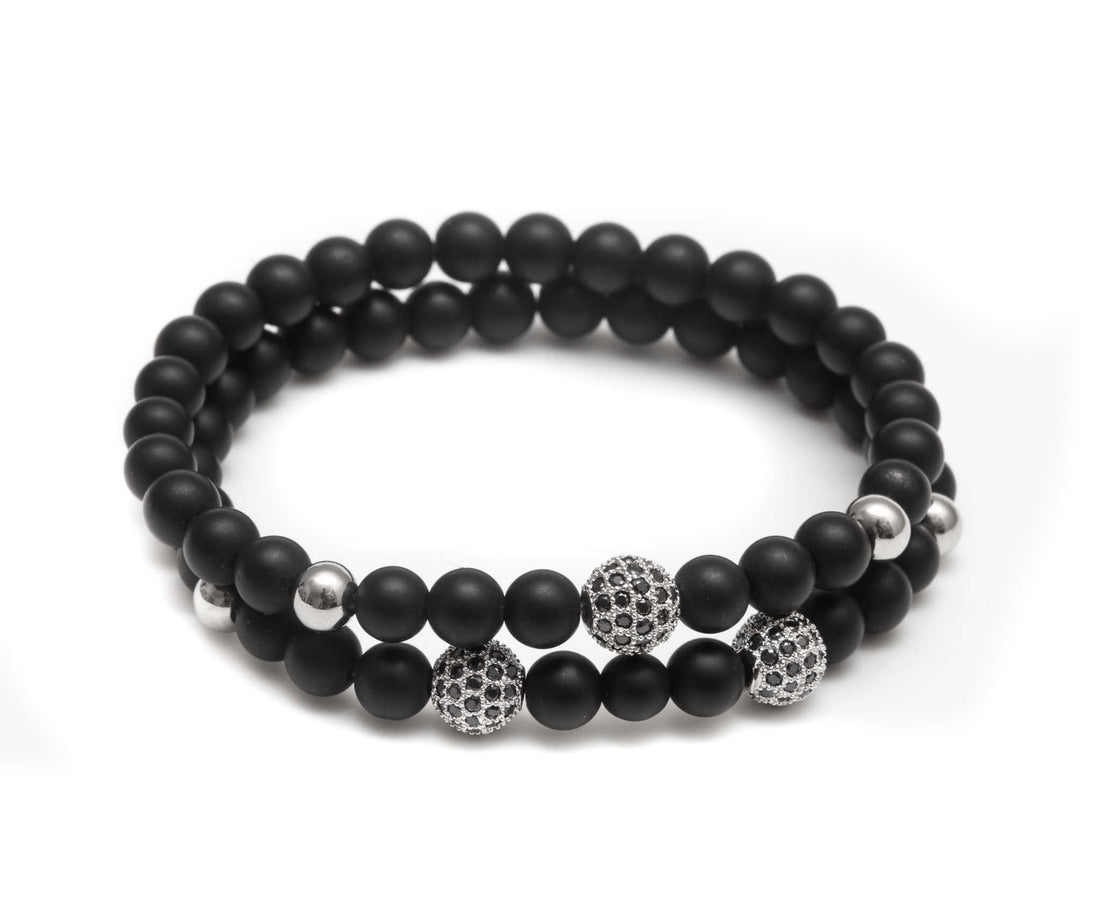 ZENGER Jewelry Paris Beaded Stretch Bracelet - 6mm Black Matte Onyx, 18kt White Gold Plated Steel, Elastic