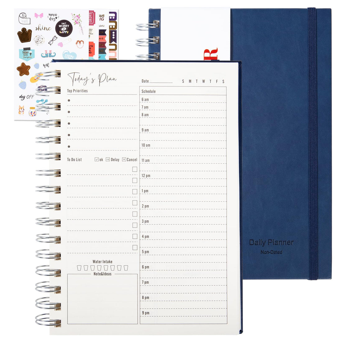 Leather Daily Planner Undated, To Do List Laptop Hourly Schedule Spiral Appointment Plan, Elastic closure, Inner Pocket 8.3 inches x 5.7 Inches (A5-Blue)