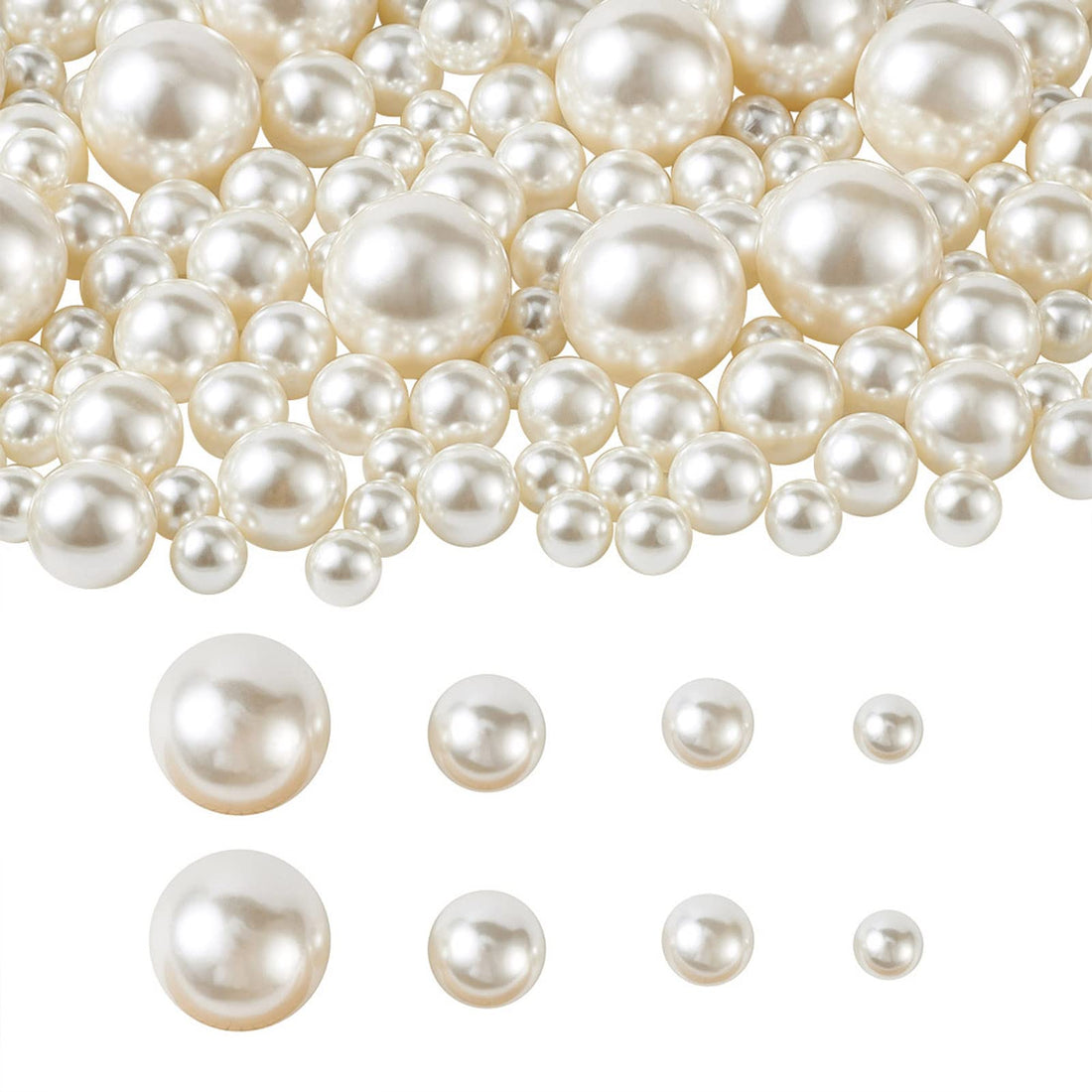 BB Beadthoven 140pcs Satin Luster Round Pearl Beads 4 Size Acrylic Faux Pearls Undrilled/No Hole for Vase Filler Table Scatter Wedding Decor
