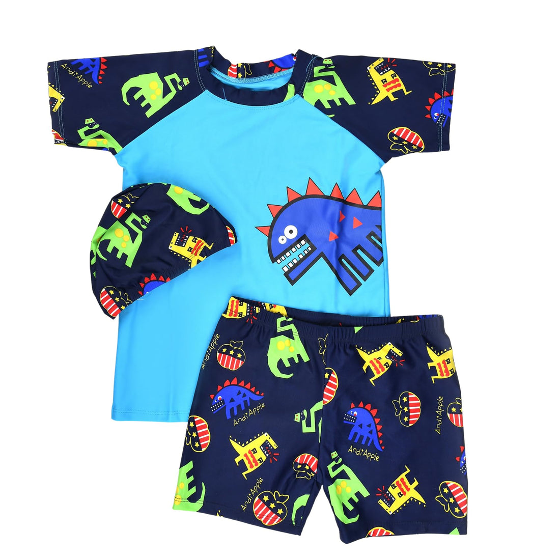 Mix&Max Boys Set of 3 Pieces Half Sleeves Swimsuit&Swimming Cap Printed Two Piece Swimsuit (pack of 1)