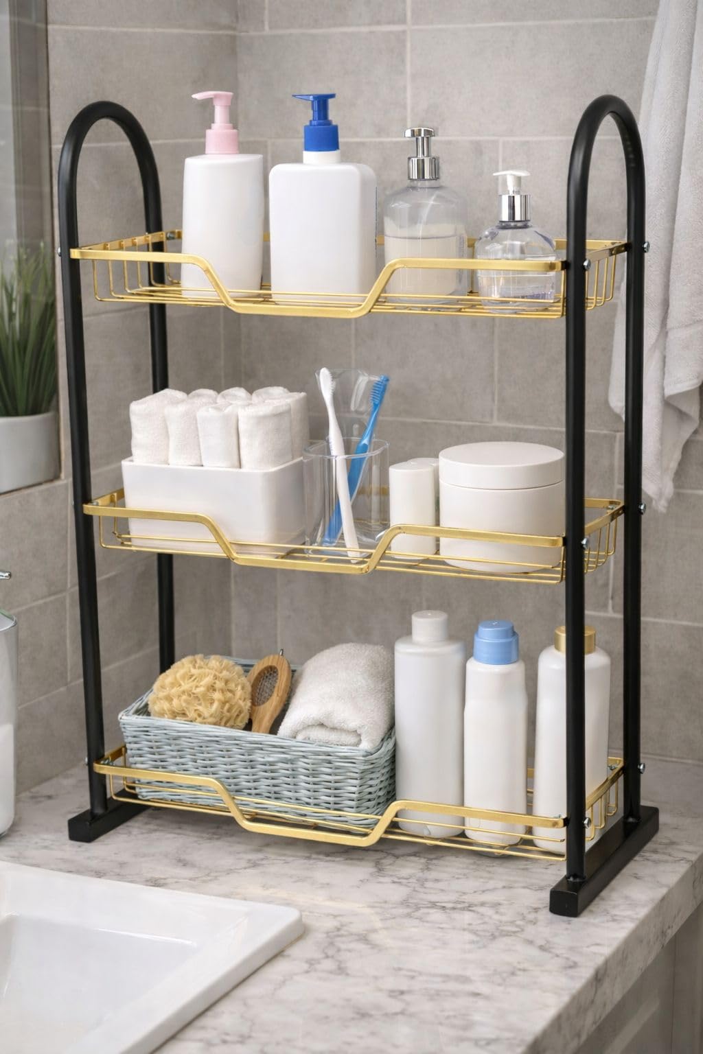 3-Tier Bathroom Organizer Shelf – Multi-Use Metal Storage Rack – Elegant Design – Space Saving & Rustproof