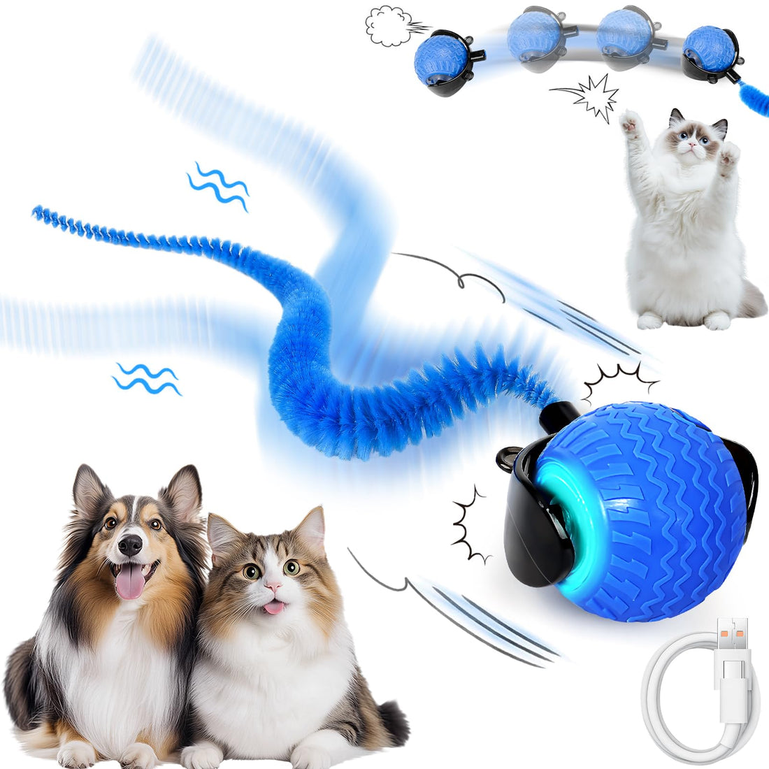 Cat Toys Ball, Interactive Cat Toys for Indoor Cats, Cat Toys with Cord Imitation Mouse, Electric Automatic Rolling Ball for Dogs, USB Rechargeable Smart Self Rolling Toy for Cats Adult, Kitten, Dog