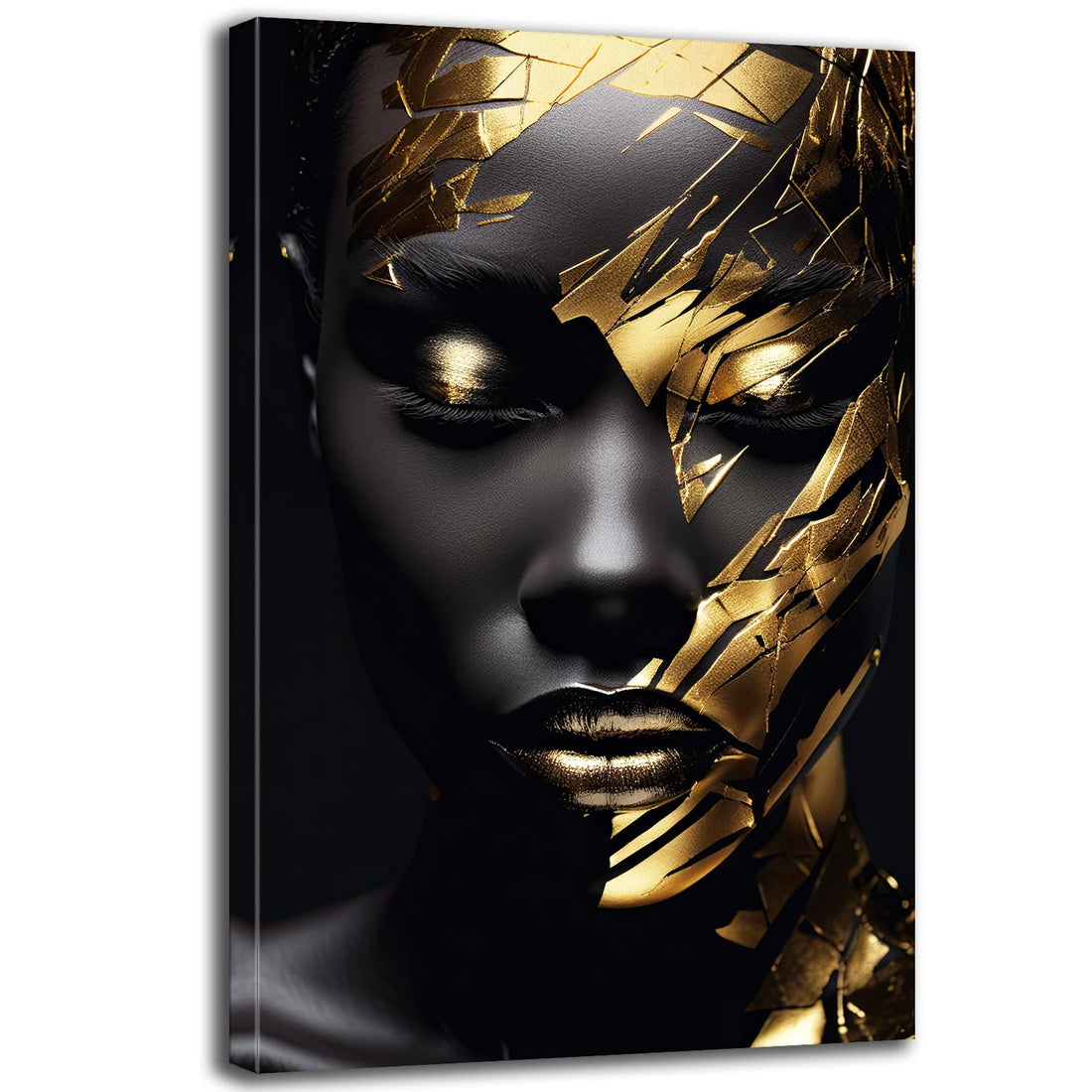 Modern Portrait Wall Art African American Canvas Wall Art Golden Lip and Face Woman Print Picture Poster for Home Bedroom Living Room Decoration