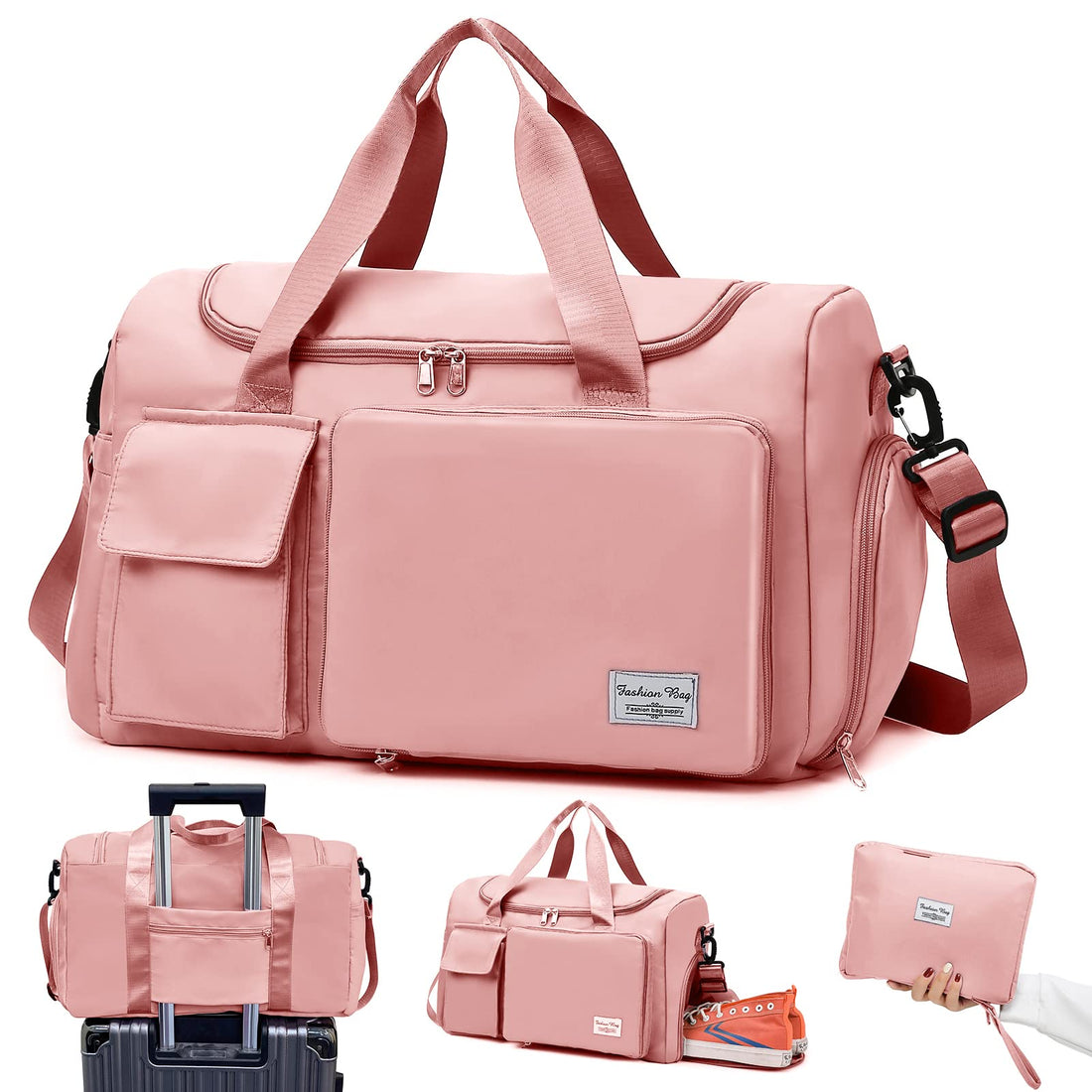 Large Capacity Folding Travel Bag Sports Gym Bag with Wet Pocket & Shoes Compartment Portable Foldable Travel Duffle Bag Waterproof Travel Carry on Bag for Shopping Gym Travel Vacation (Pink)