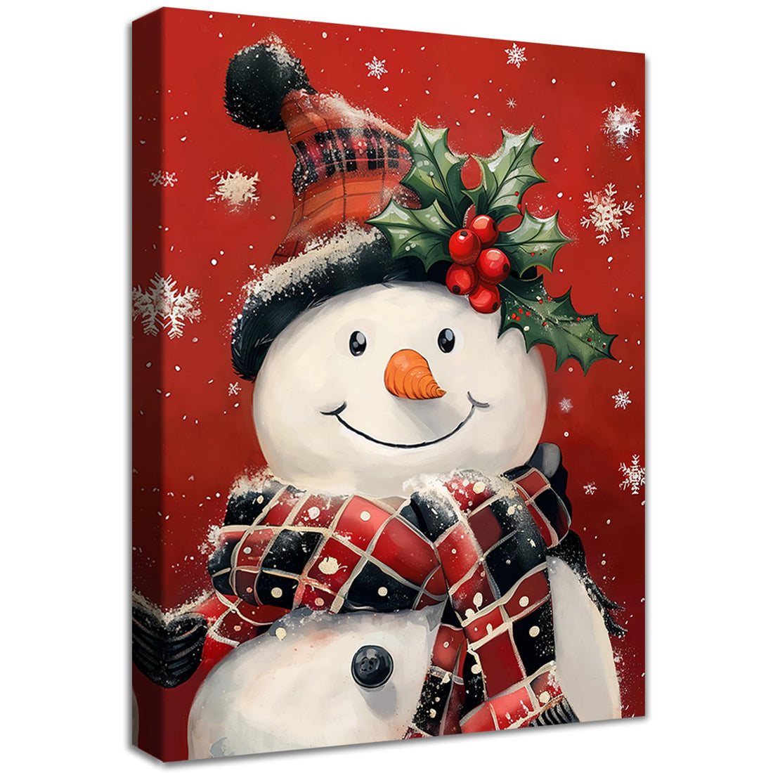 Chiristmas Wooden Framed Canvas Wall Art Snowman Wearing Scarf Canvas Print Christmas Red Berries Painting Poster Pictures for Living Room Bathroom Bedroom Corridor Home Shop Wall Decor 30x40cm