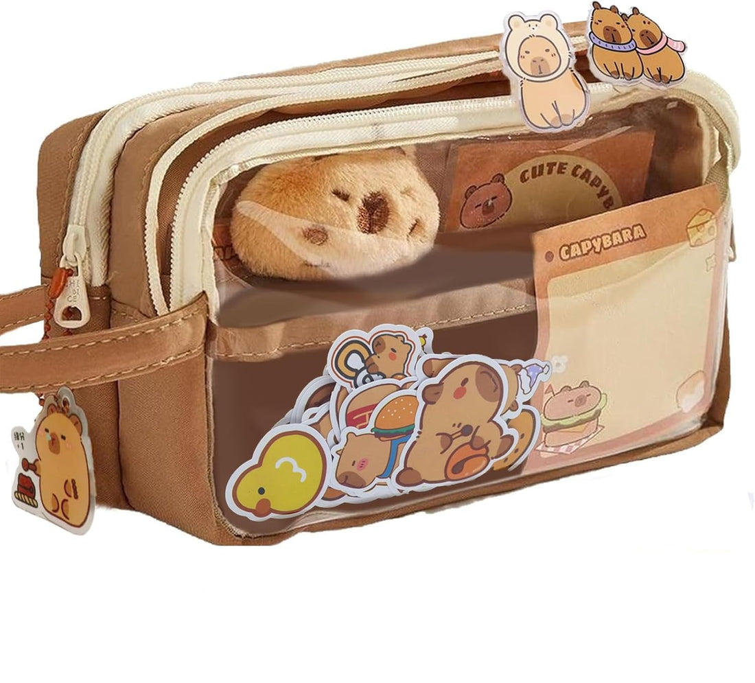 capybara pencil case, Capybara Pencil Pouch Transparent Capybara Cute Pencil Pouch with Compartments Wide Opening Mouth Pencil Pouch Capybara Pencil Pouch for Stationery Cosmetics Toiletry Storage