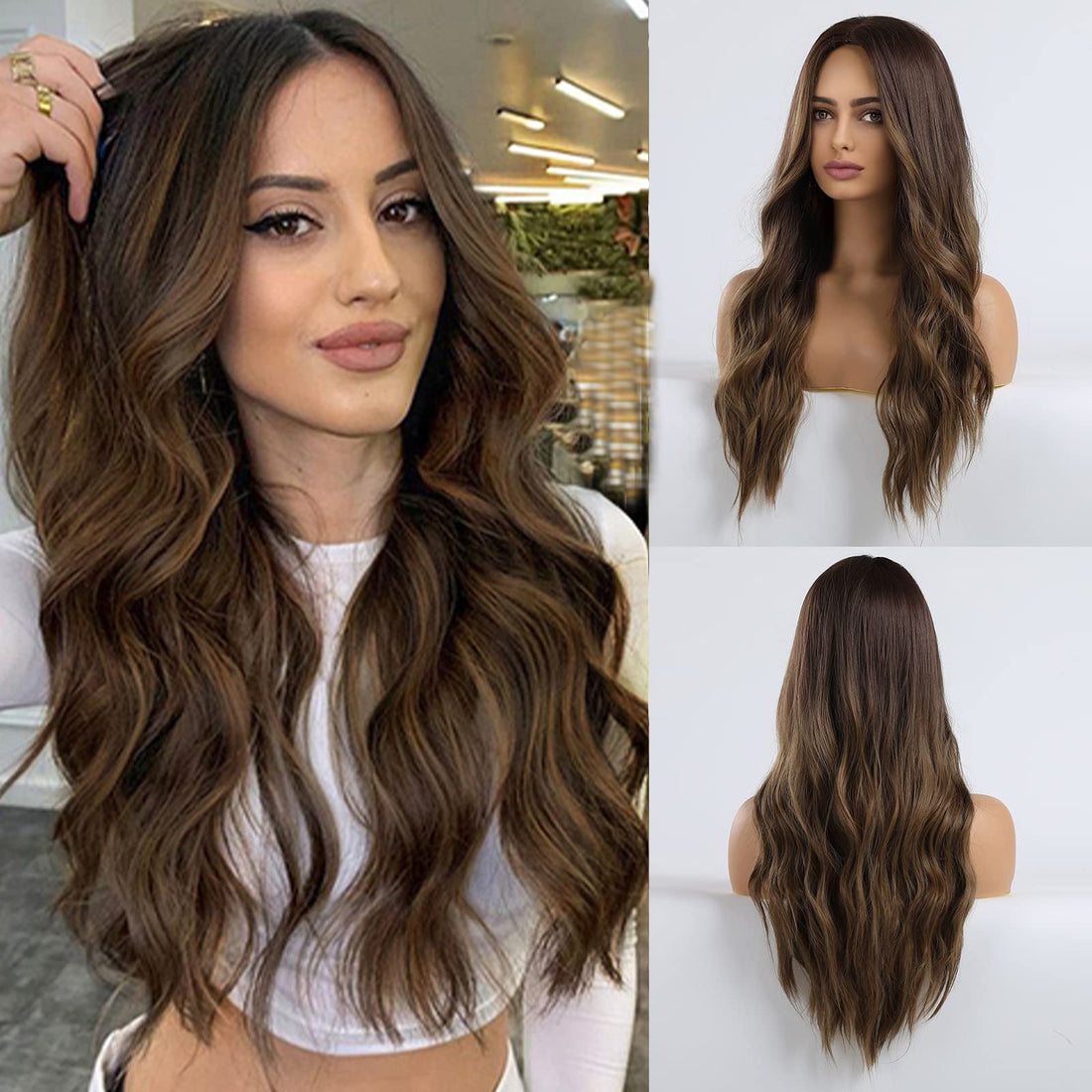 ECIF Ombre Brown Wig For Women Middle Part Long Wavy Hair Wigs Blonde Unicorn Synthetic Hair Wig