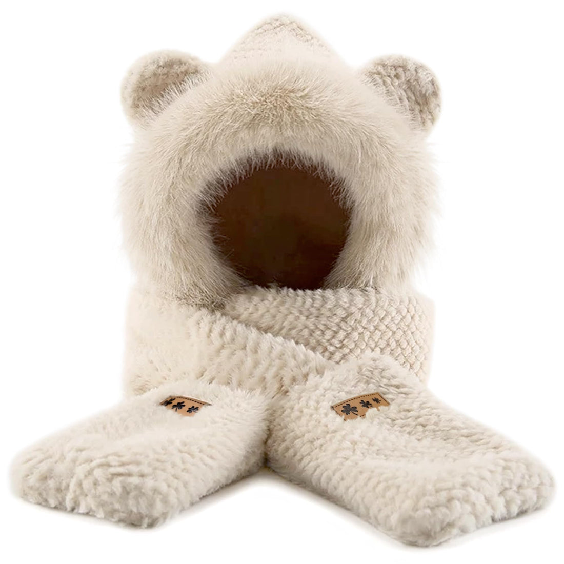 Scarf for Women Winter, Cute Faux Fur 3-in-1 Hat Scarf Gloves Set, Cozy Bear Hooded Scarf, Perfect Christmas Gift