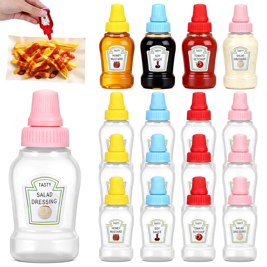 16 Pack Mini Ketchup Bottles Portable Lunch Box Dressing Dispensers Condiment Squeeze Bottles Plastic Sauce Container 25ml for Office Bento Box Picnic Honey Salad Dressing