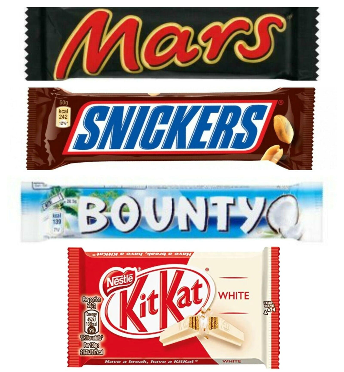 Swiss+ Chocolate Delight Easter Gift Pack: A Delightful Variety of 4 Iconic Chocolate Bars (2 Each) - Mars, Snickers, Kit Kat White (4-Finger) & Bounty Chocolate Bars Gift Hamper Sold