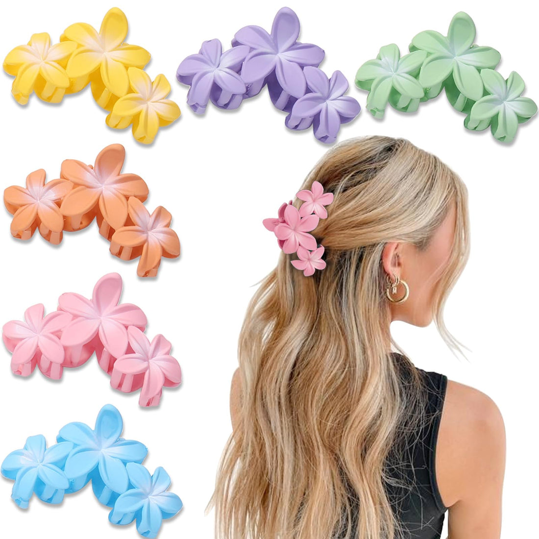 YONOY 6Pcs Flower Hair Clips for Women,Non-Slip Matte Flower Hair Clips for Women,Hawaiian Clip Large Plumeria Banana Cute Clip Beach Hair Accessories (Frosted gradient color)