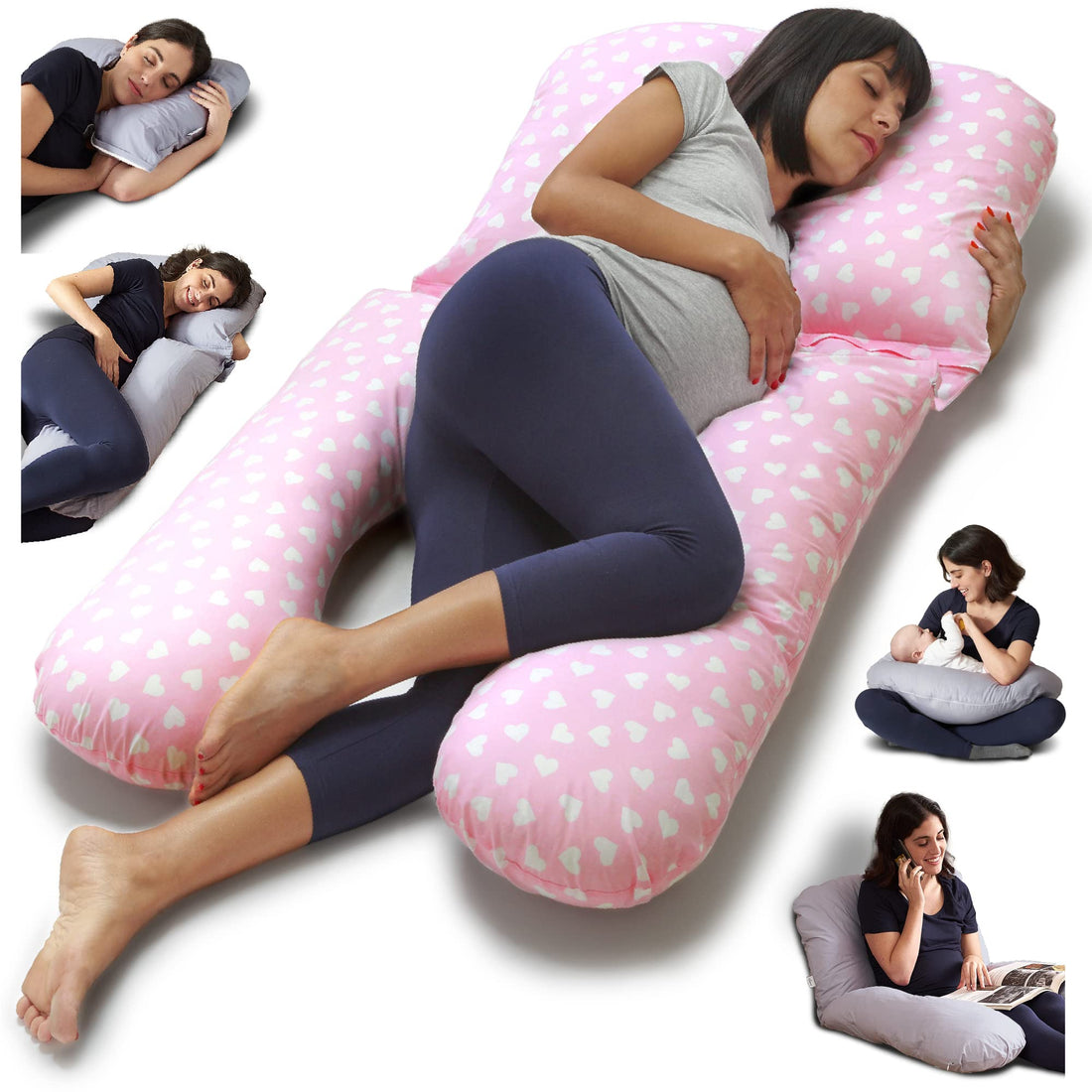 Niimo Pregnancy Pillow For Sleeping - Maternity Pillow For Pregnant Woman, U Shape Full Body Nursing Pillow Support for Belly 100% Cotton Pillowcase Removable (PINK-WHITE HEARTS)
