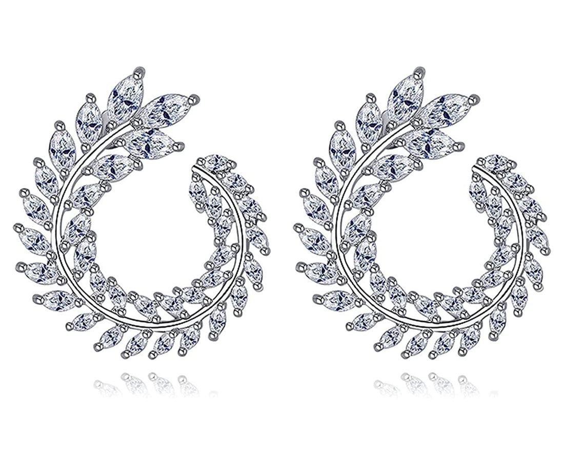 Marquise Rhodium Plated Elegant Round Leaves Shape Stud Earrings Olive Branch Cubic Zirconia Cluster Earrings Jewelry for Women By Julia Store