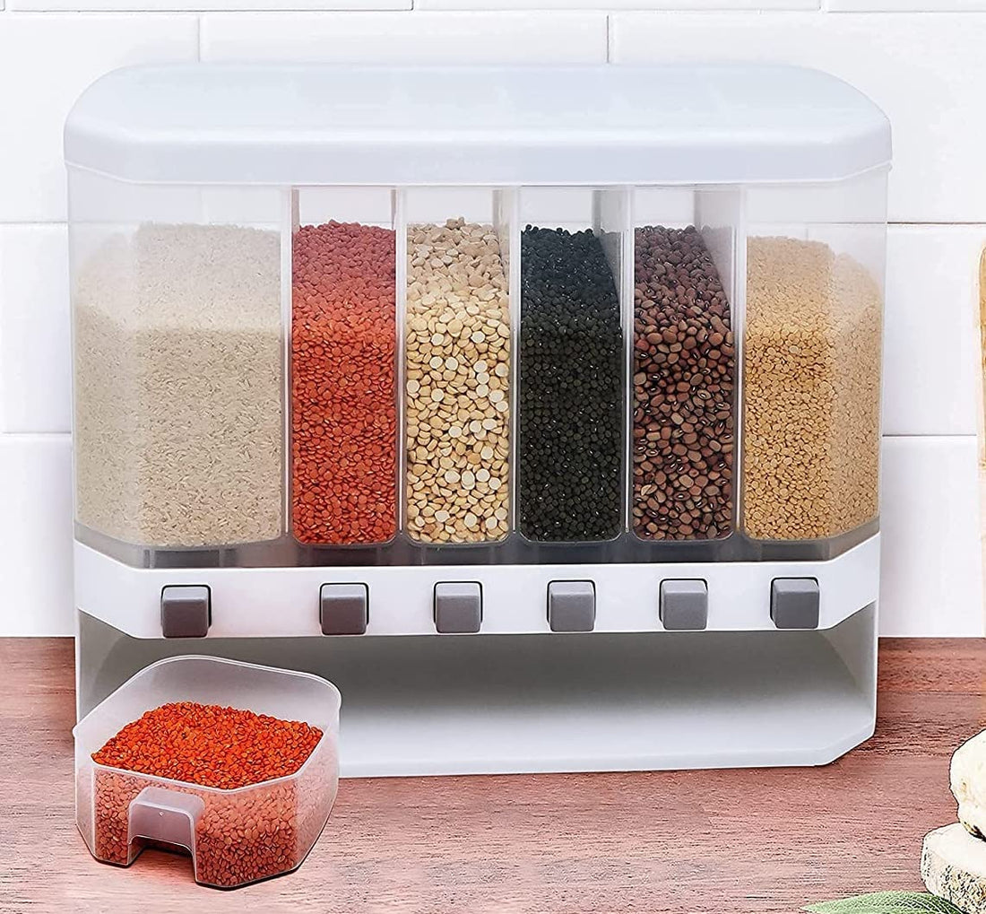 Kitchen Storage Container - Wall Mounted Cereal Food Dispenser For Kitchen 6 Grid Dry Food Dispenser Space Saving Food Storage Containers for Cereal, Rice, Nuts,Coffee Bean, Snack, Grain