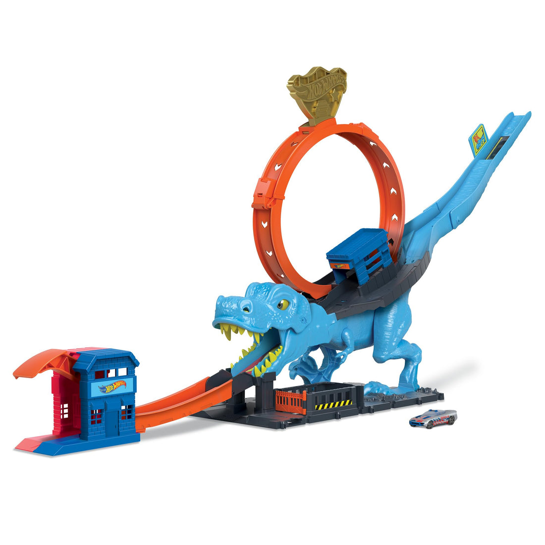 Hot Wheels City T-Rex Chomp Down Playset, Toy Car, Police Station, Slam Launcher, 9-Inch Loop, Defeat Zone, Blue, 1:64 Scale, Interactive Dinosaur Knock-Out Feature, Ages 4+
