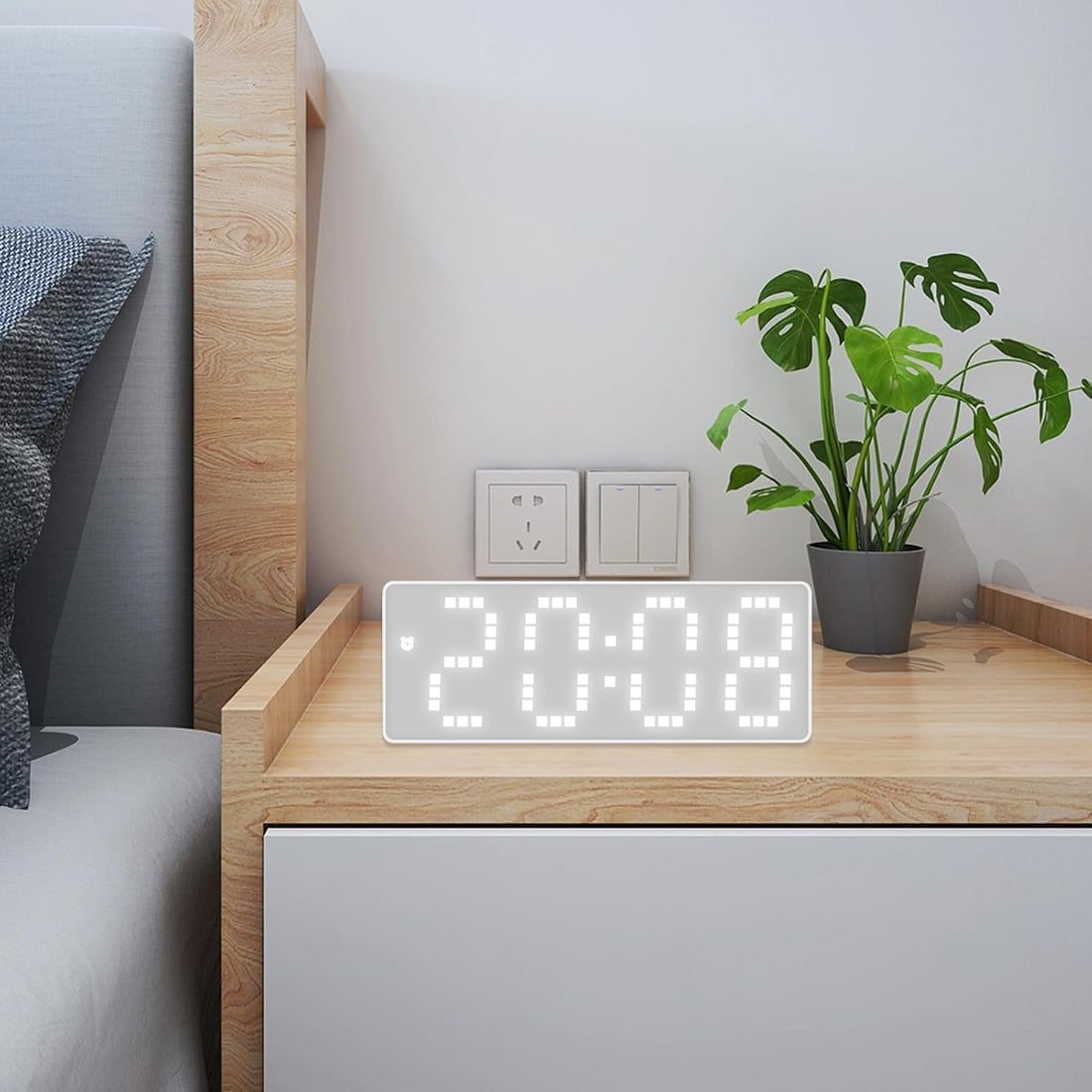Digital Alarm Clock Mirror Display Adjustable Brightness Desk Table Clock With Snooze Temperature Date Time Multifunction Modern Clock For Bedroom Office Students Easy Use (White)