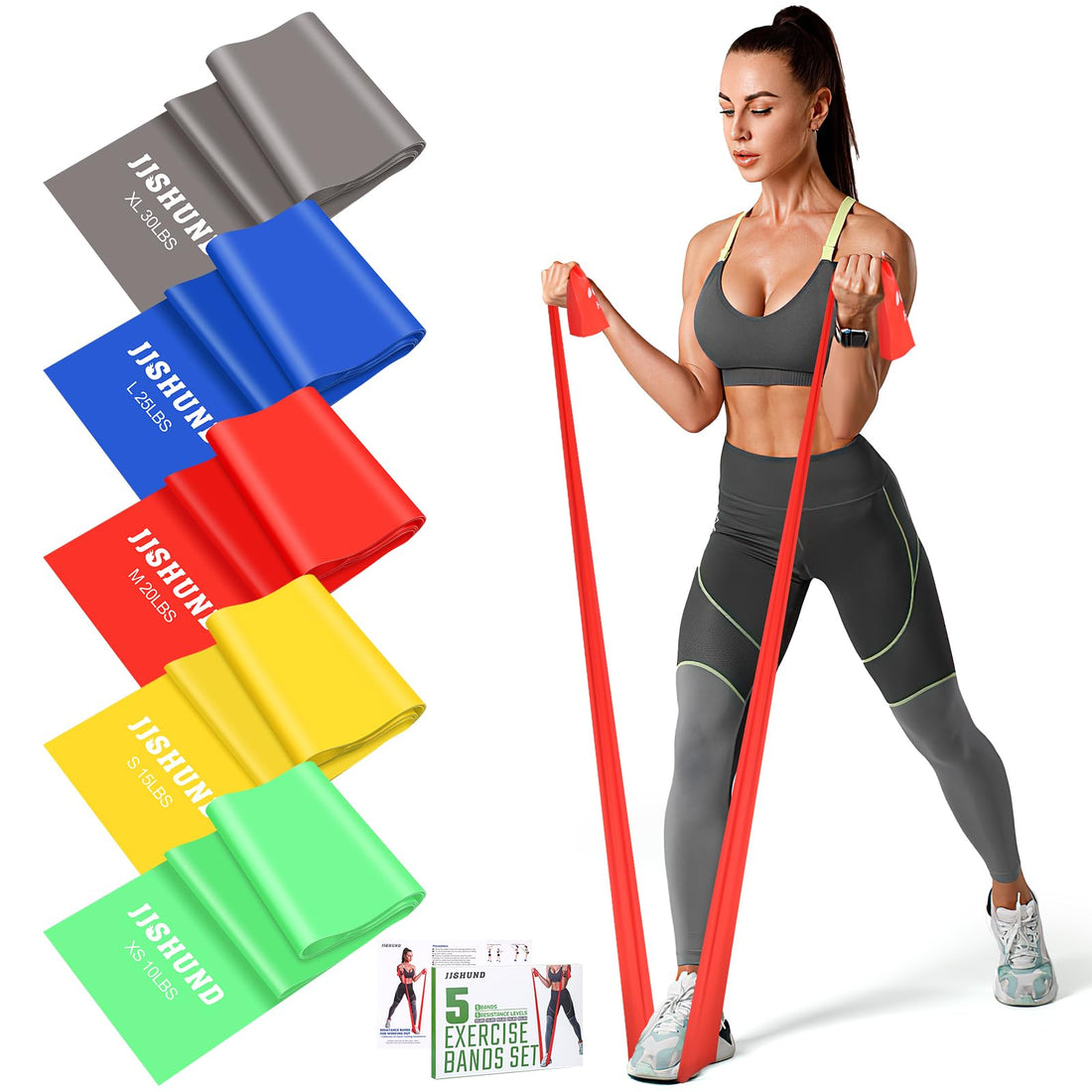 Resistance Band Set, 1.5 M Exercise Bands with 5 Resistance Levels, Long Stretch Bands for Men & Women, Workout Resistance Bands for Yoga Gym Pilates Fitness Strength Training Muscle Building