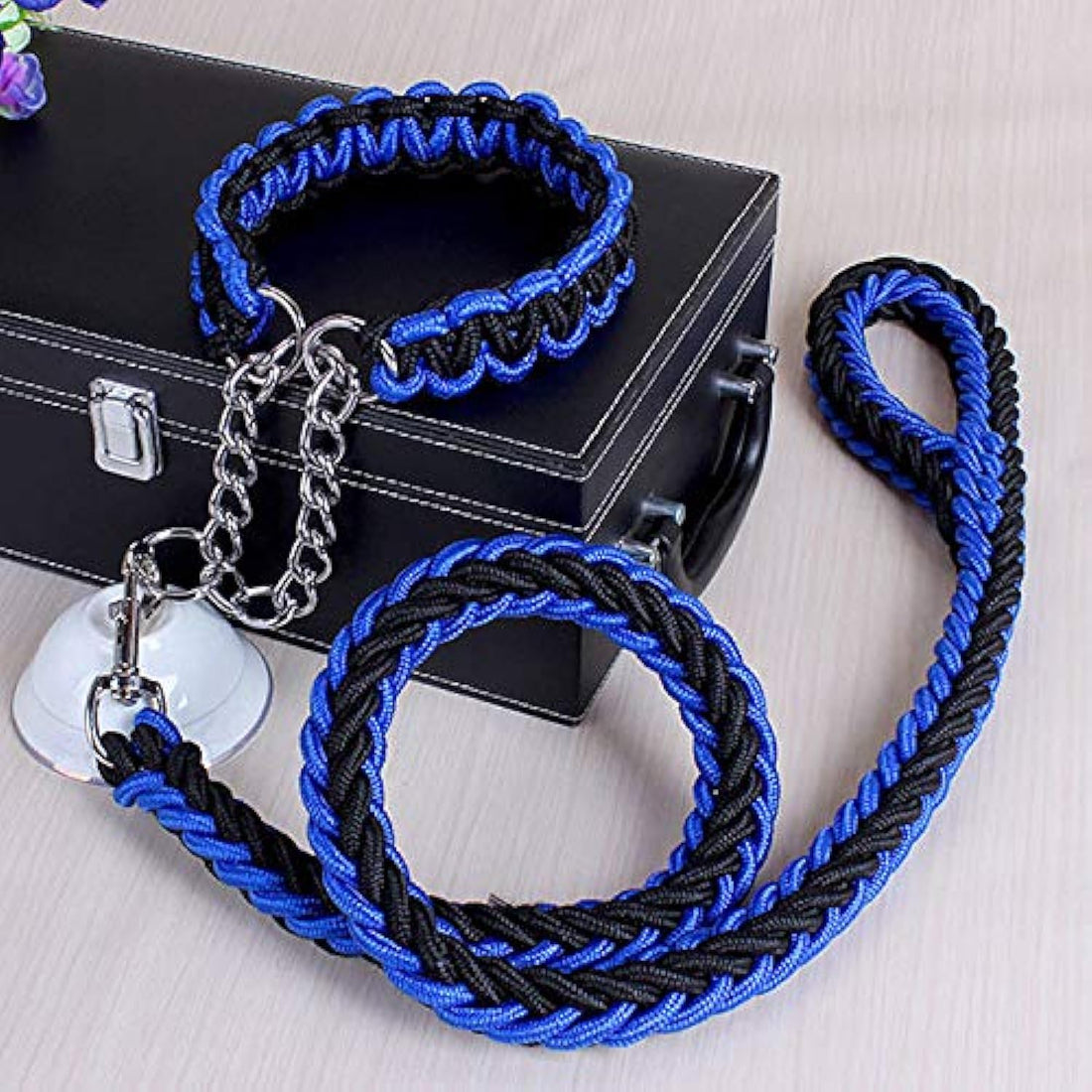 Dog Collar and Leash Set, Heavy Duty Paracord Rope Braided Dog Training Collar and Leash, Reflective and Soft for Pet Skin, for Small Medium Large Dogs (Blueblack, Large)