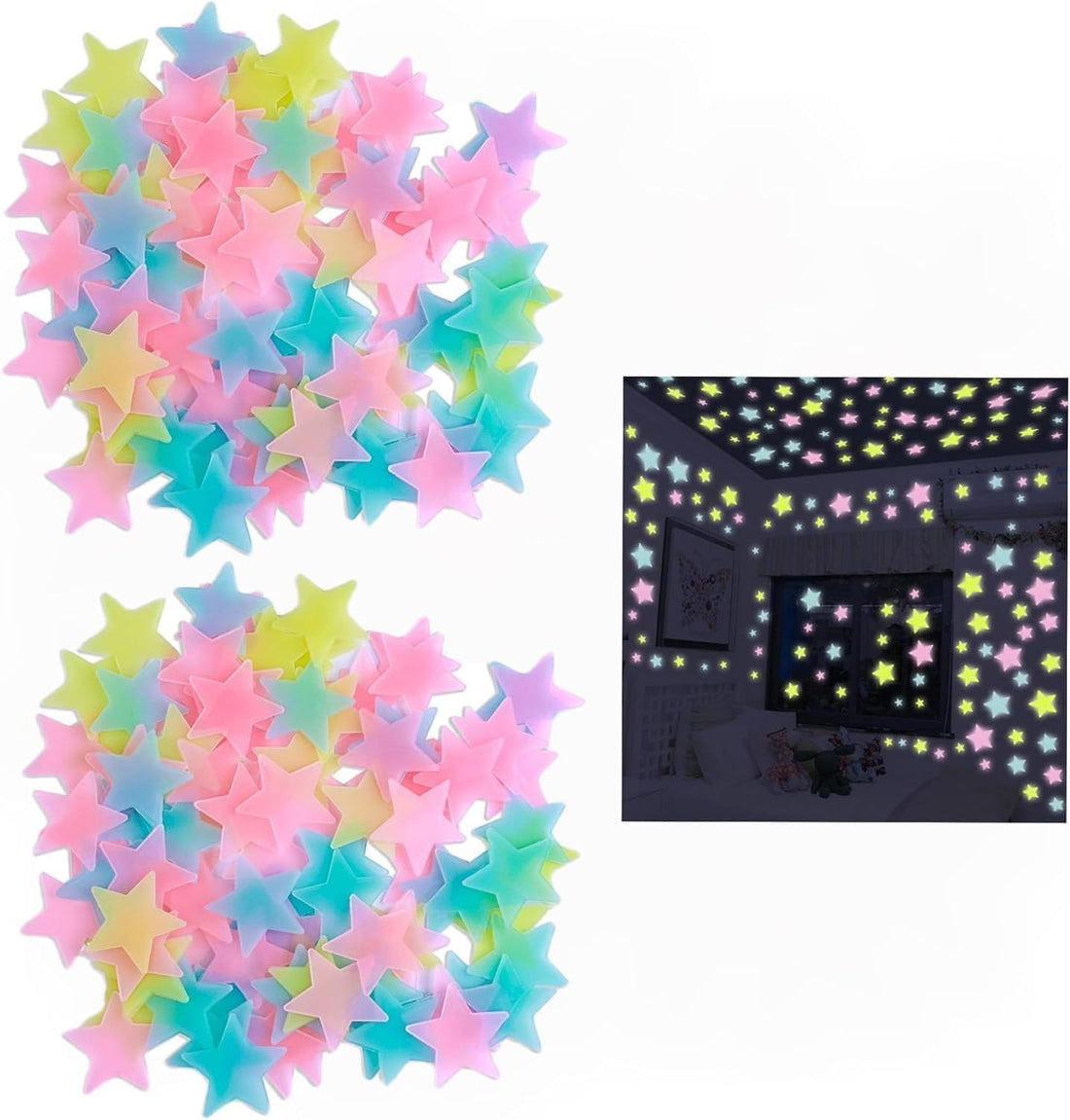 100Pcs Glow in The Dark Stars Wall Stickers, Self-Adhesive Luminous Decor for Bedroom, Room and Home Art, Fluorescent Night Sky Ceiling Decals for Party, Room Decorations
