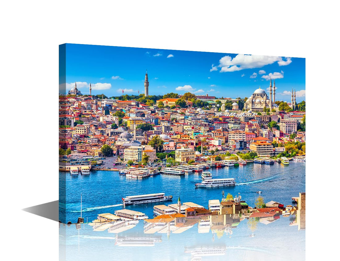TISHIRON Istanbul City Skyline Wall Art Canvas Turkey Cityscape Pictures River Scenery Wall Painting for Bedroom Living Room Contemporary Modern Home Decor Office Posters Framed Wall Art - 24x16in