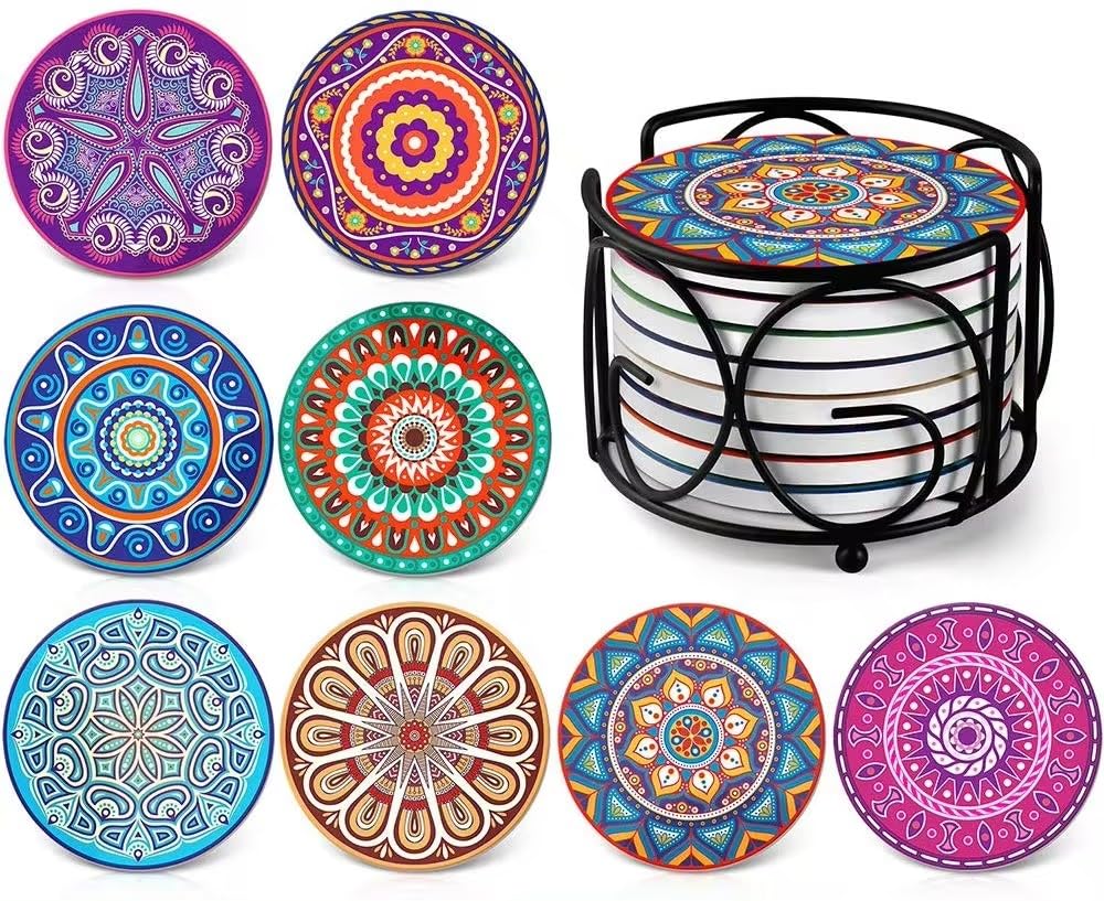 Generic Andalusian Leather Coaster Set - Khayamiya Designs - 2 Pieces - 18 cm - Round - Multi Color