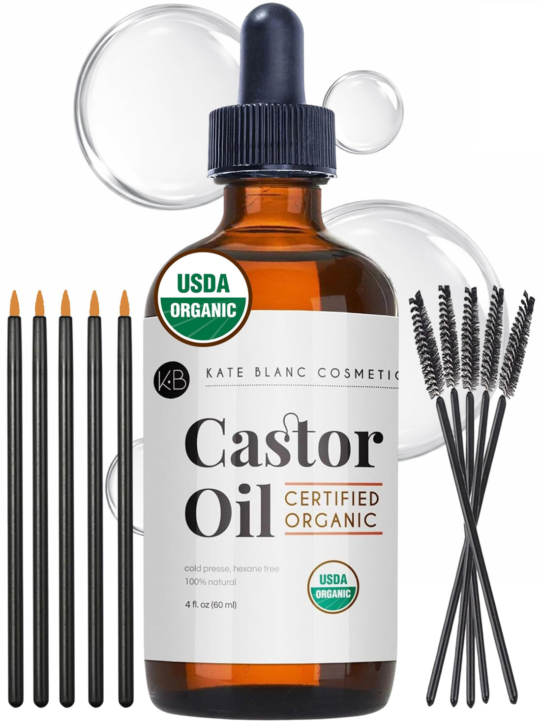 Castor Oil (4oz), USDA Certified Organic, 100% Pure, Cold Pressed, Hexane Free by Kate Blanc. Stimulate Growth for Eyelashes, Eyebrows, Hair. Skin Moisturizer & Oil Cleanse. FREE Starter Kit