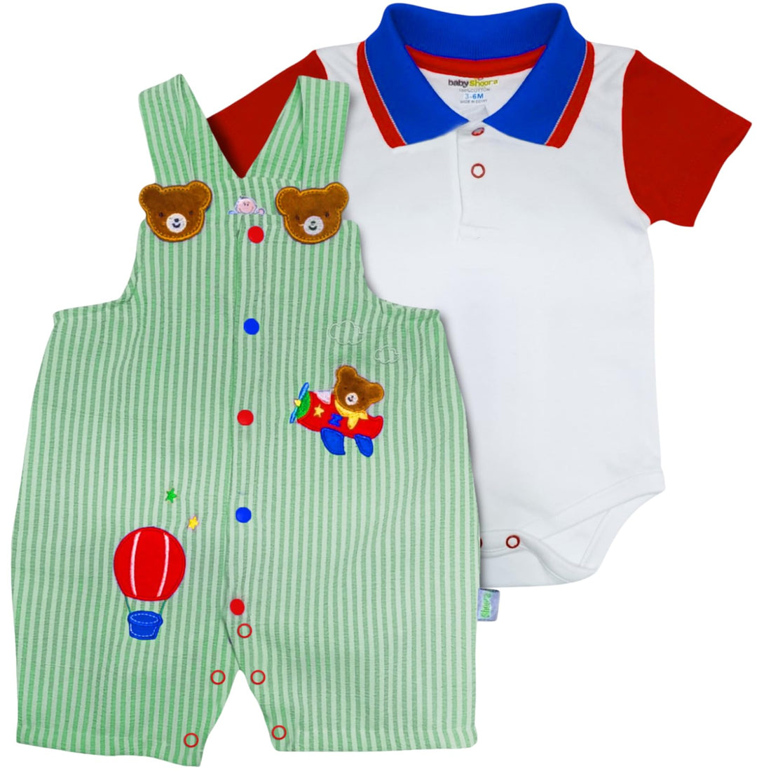Baby Shoora Boys Set Of 2 Pieces Half Sleeves&Sleeveless Bodysuit Embroidered Bear Set Of 2 Pieces Half Sleeves&Sleeveless Bodysuit