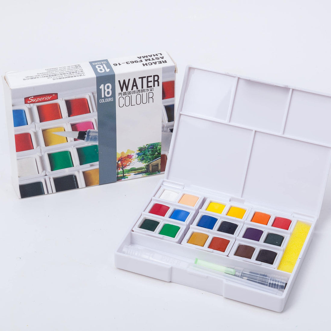 SUPERIOR 18 SOLID WATERCOLOR PAINTING SET WITH PAINTBRUSH BRIGHT COLOR