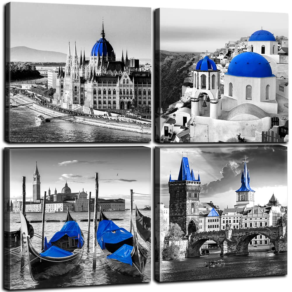 Black and White City Wall Art Decor Navy Blue European Mediterranean Landscape Building Venice Sea Town of Santorini Canvas Print Home Decoration Bathroom Living Room 12x12 Inch 4 Pcs