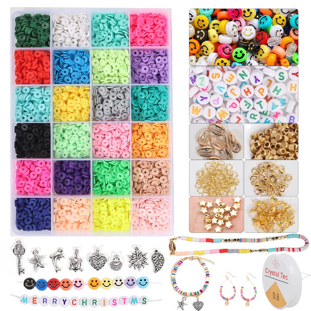 4000PCs Clay Beads for Jewelry Making, 24 Colors 6mm Flat Round Polymer Clay Spacer Beads with Pendant Charms Jump Rings and Elastic Strings for Necklace Earring Making, Creat 40-50 PCs Bracelets