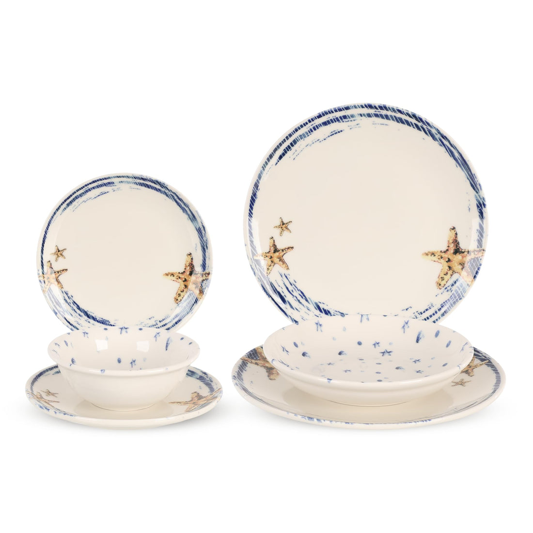 Cooker Dinner Set,24 Pieces for 6 Persons, Fine Porcelain, Made in Turkey, with Starfish and Ocean Wave Patterns - Off white with Blue, Meercato